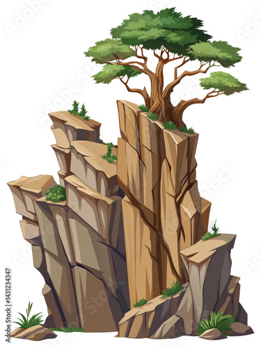 Tree on cliff. Stone cliff land greenery. Lonely tree on big stone mountain cliff. Large solid rock peak landscape. Mountain headland cartoon game asset object, vector isolated on white background.