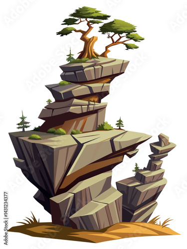 Tree on cliff. Stone cliff land greenery. Lonely tree on big stone mountain cliff. Large solid rock peak landscape. Mountain headland cartoon game asset object, vector isolated on white background.