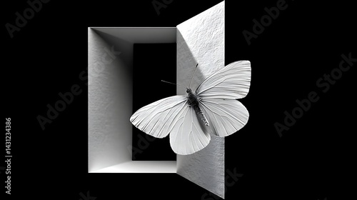Monochrome Butterfly Emerging from Rectangular Doorway
