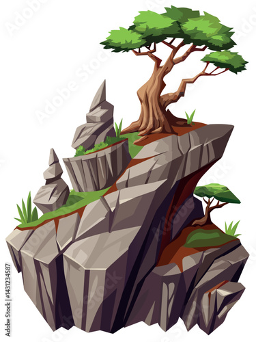 Tree on cliff. Stone cliff land greenery. Lonely tree on big stone mountain cliff. Large solid rock peak landscape. Mountain headland cartoon game asset object, vector isolated on white background.