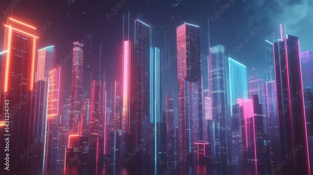 Obraz premium Futuristic city skyline bathed in vibrant neon lights. Skyscrapers with glowing edges in a dynamic array of colors, creating a mesmerizing nocturnal cityscape