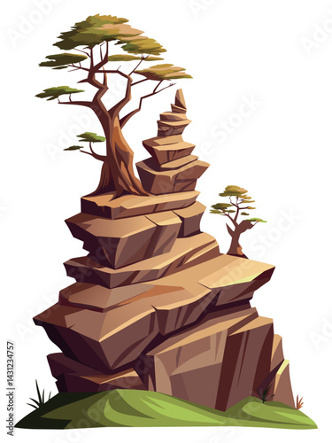 Tree on cliff. Stone cliff land greenery. Lonely tree on big stone mountain cliff. Large solid rock peak landscape. Mountain headland cartoon game asset object, vector isolated on white background.