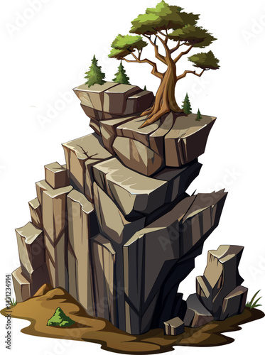 Tree on cliff. Stone cliff land greenery. Lonely tree on big stone mountain cliff. Large solid rock peak landscape. Mountain headland cartoon game asset object, vector isolated on white background.