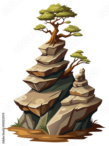 Tree on cliff. Stone cliff land greenery. Lonely tree on big stone mountain cliff. Large solid rock peak landscape. Mountain headland cartoon game asset object, vector isolated on white background.