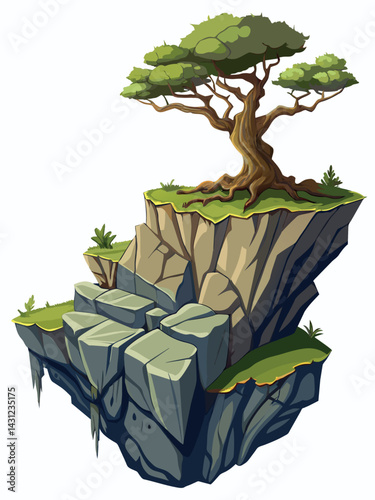 Tree on cliff. Stone cliff land greenery. Lonely tree on big stone mountain cliff. Large solid rock peak landscape. Mountain headland cartoon game asset object, vector isolated on white background.