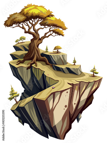 Tree on cliff. Stone cliff land greenery. Lonely tree on big stone mountain cliff. Large solid rock peak landscape. Mountain headland cartoon game asset object, vector isolated on white background.