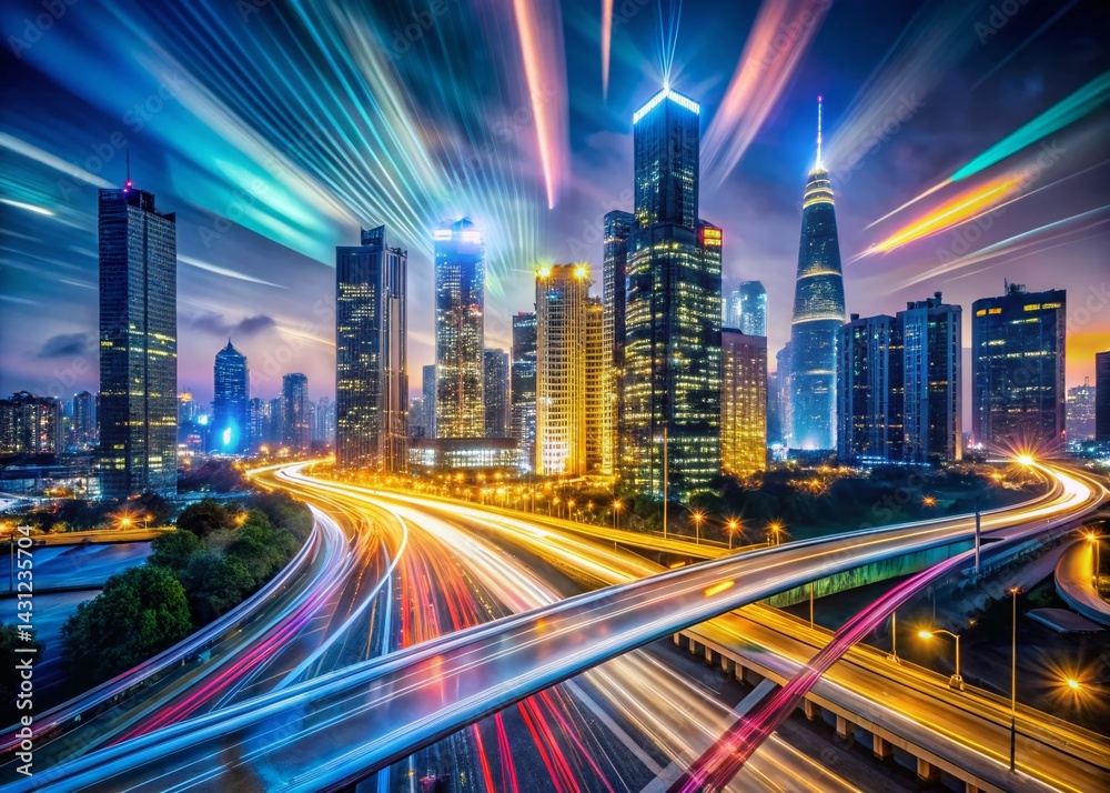 Fototapeta premium Long Exposure City Lights Business Success - Abstract Night Photography