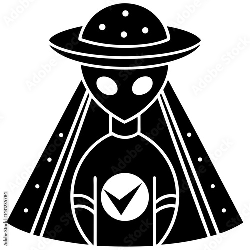Alien in Spaceship with Cloak and Checkmark Symbol