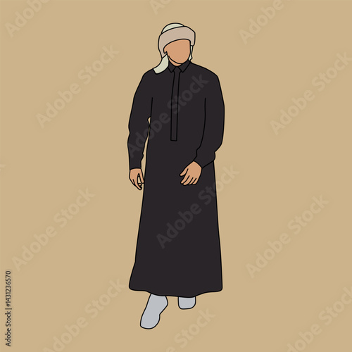 Arab Man in Traditional Black Thobe Vector Illustration, Faceless Arab Male Character in Cultural Attire Flat Style