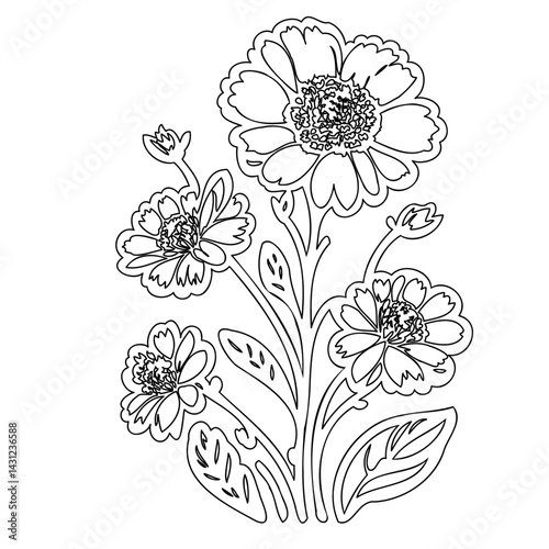 Elegant floral composition with outlined flower heads and stylized leaves
