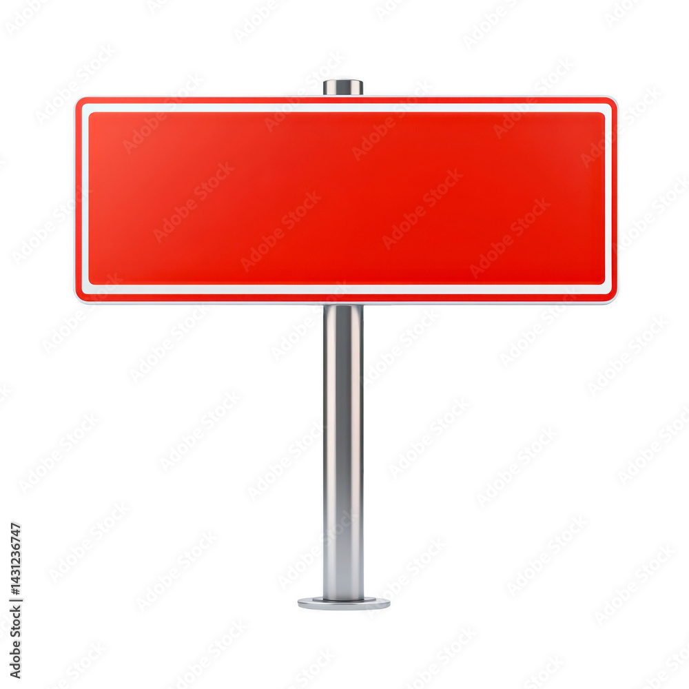 Fototapeta premium blank red rectangular sign with white border is mounted on silver pole, isolated on transparency background. sign is simple and eye catching, suitable for various uses