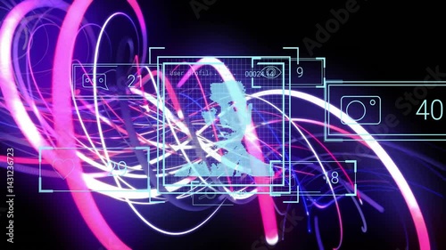 Pixelated cyan silhouette floating in cyberspace, glowing with neon holographic interface elements
