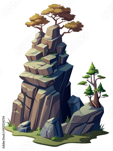 Tree on cliff. Stone cliff land greenery. Lonely tree on big stone mountain cliff. Large solid rock peak landscape. Mountain headland cartoon game asset object, vector isolated on white background.