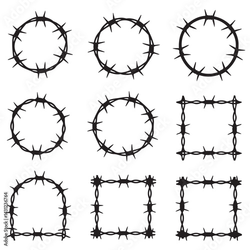Twisted barbed wire Vector Black silhouettes set in rounded and square shapes. illustration of steel wire barb fence frames. Concept of protection, danger or security. with white background