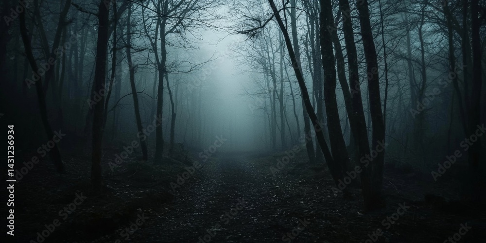 Naklejka premium Enigmatic Nighttime Forest with Mystical Fog
