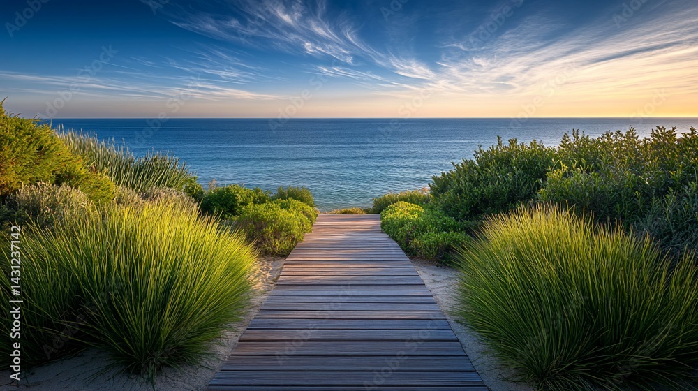 Fototapeta premium Coastal boardwalk path leading to the ocean at sunset