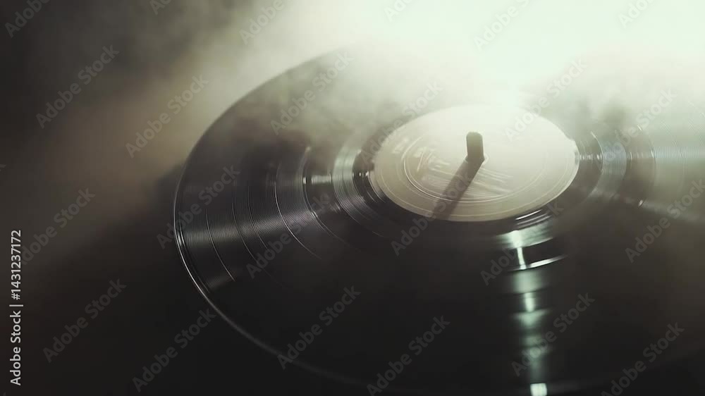 Vintage vinyl record spinning in smoky studio