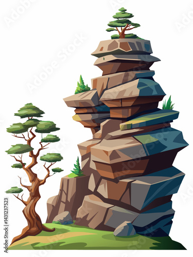 Tree on cliff. Stone cliff land greenery. Lonely tree on big stone mountain cliff. Large solid rock peak landscape. Mountain headland cartoon game asset object, vector isolated on white background.