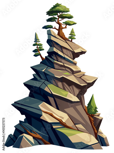 Tree on cliff. Stone cliff land greenery. Lonely tree on big stone mountain cliff. Large solid rock peak landscape. Mountain headland cartoon game asset object, vector isolated on white background.