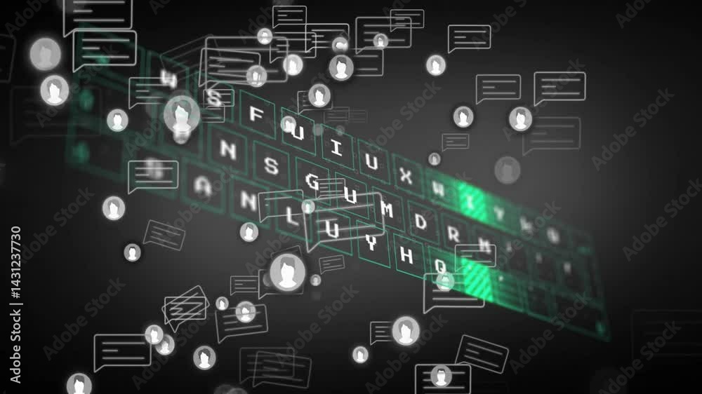 Tilted 3D keyboard grid highlighting green key while virtual chat bubbles and avatar icons floating