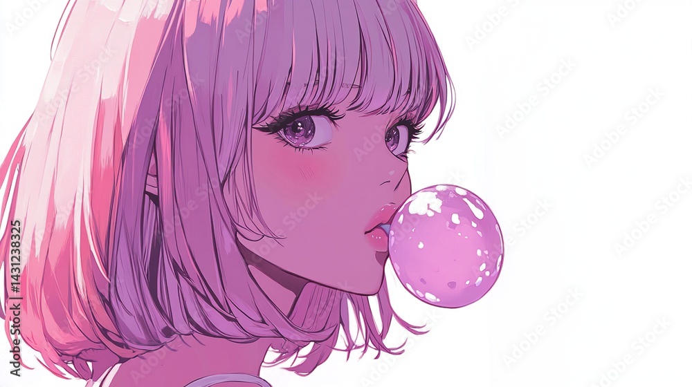 Naklejka premium Anime girl blowing pink bubblegum.