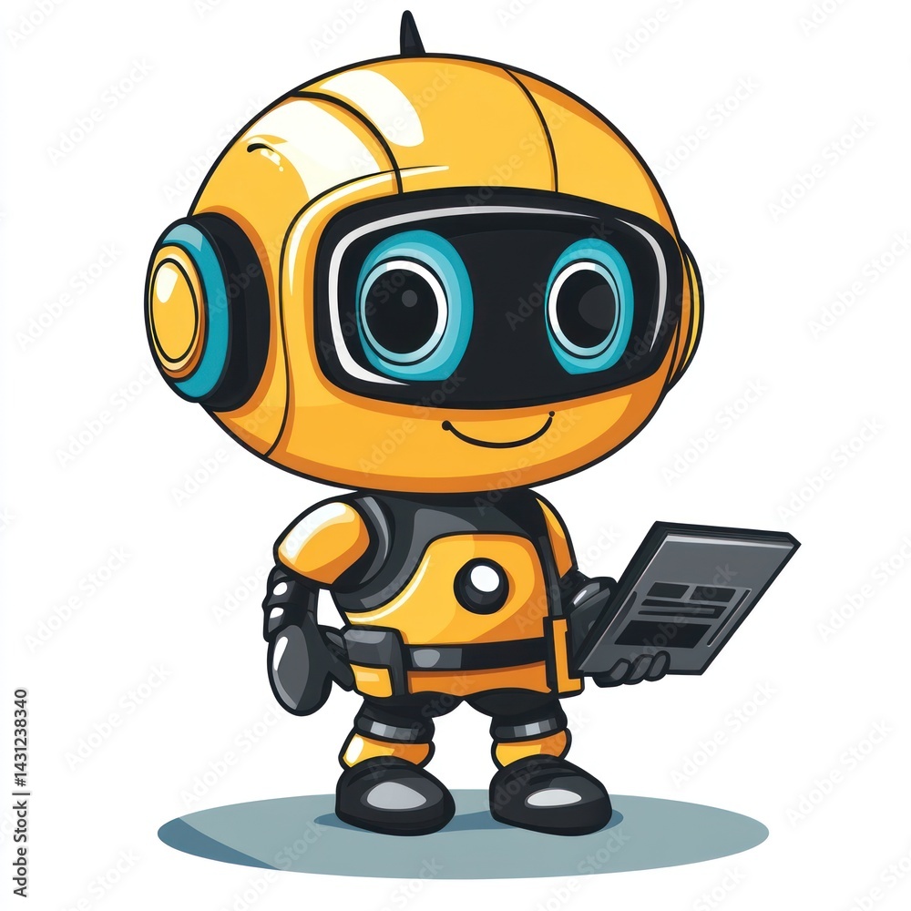 Adorable Yellow Robot Holding a Tablet: A Cute Cartoon Illustration Adorable Yellow Robot Holding a Tablet: A Cute Cartoon Illustration
