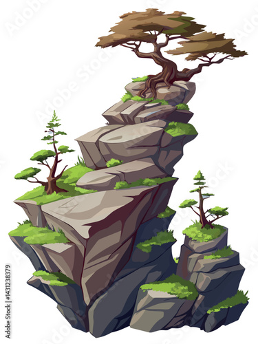 Tree on cliff. Stone cliff land greenery. Lonely tree on big stone mountain cliff. Large solid rock peak landscape. Mountain headland cartoon game asset object, vector isolated on white background.