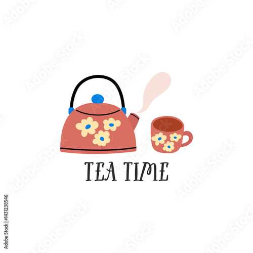 Tea time vector quote. Tea ceramic mug. Rustic teapot and cup. Flat graphic vector illustration isolated on white background. Warm morning beverage, teatime.