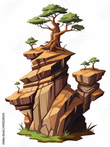 Tree on cliff. Stone cliff land greenery. Lonely tree on big stone mountain cliff. Large solid rock peak landscape. Mountain headland cartoon game asset object, vector isolated on white background.