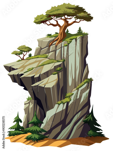 Tree on cliff. Stone cliff land greenery. Lonely tree on big stone mountain cliff. Large solid rock peak landscape. Mountain headland cartoon game asset object, vector isolated on white background.