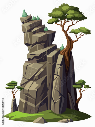 Tree on cliff. Stone cliff land greenery. Lonely tree on big stone mountain cliff. Large solid rock peak landscape. Mountain headland cartoon game asset object, vector isolated on white background.
