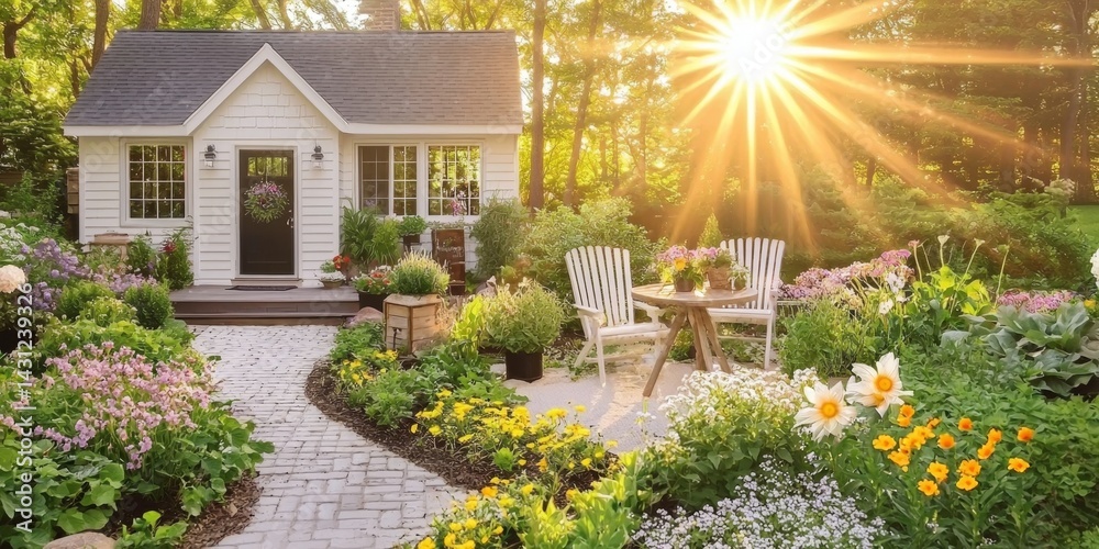 Naklejka premium Inviting outdoor garden setting featuring a cozy table surrounded by vibrant plants and flowers.