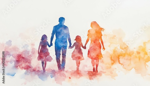 Watercolor painting of a family of four, parents and two daughters, walking hand-in-hand.