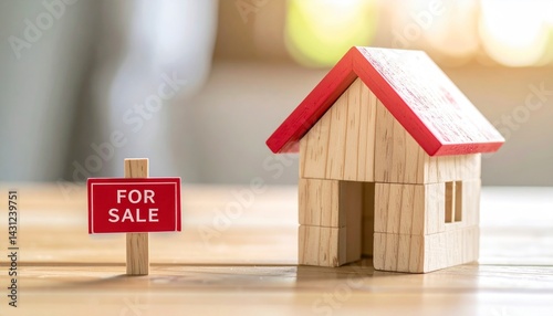 Wooden Block House with Red Roof and 'For Sale' Sign – Minimal Real Estate Concept photo