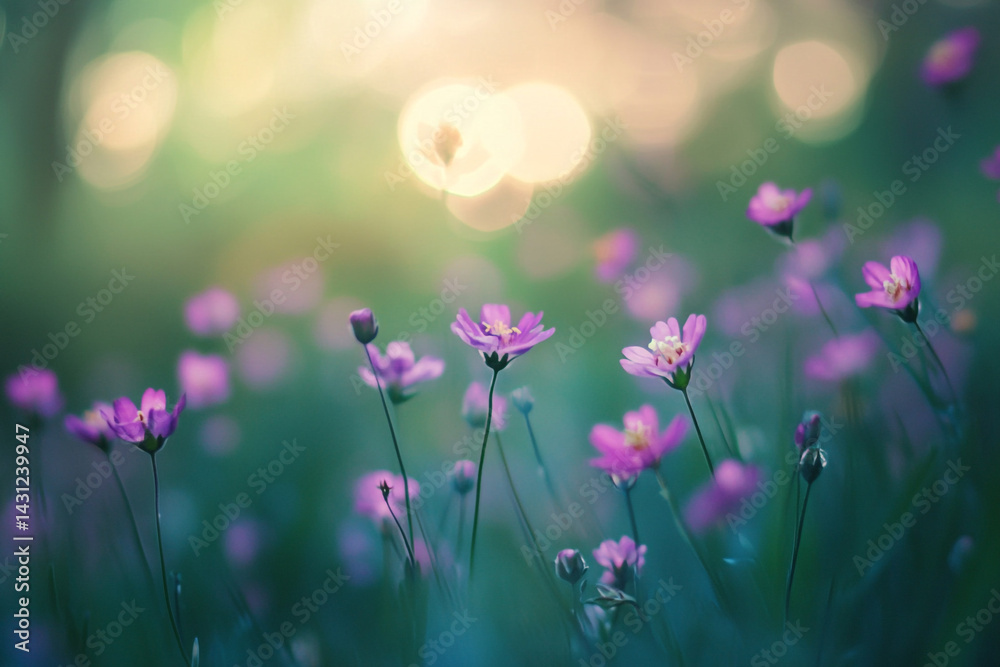 Fototapeta premium Soft sunlight illuminates a field of delicate purple wildflowers a tranquil nature scene