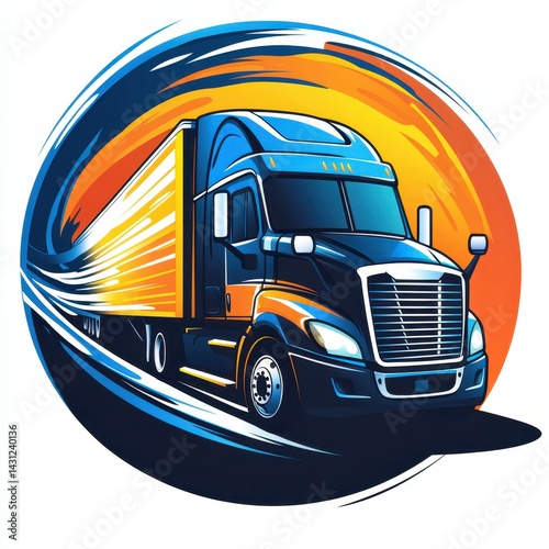Heavy-duty truck driving fast on a highway at sunset with vibrant colors blending in the sky photo