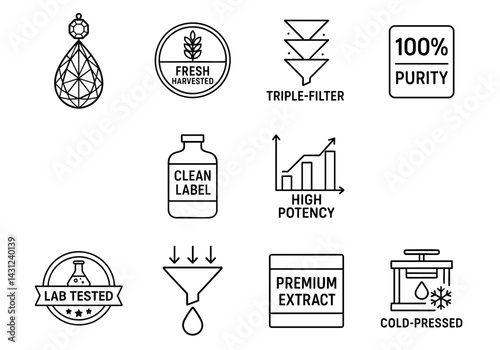 antioxidant extracts supplement aesthetic concept. Icons representing product quality and extraction methods for health items.