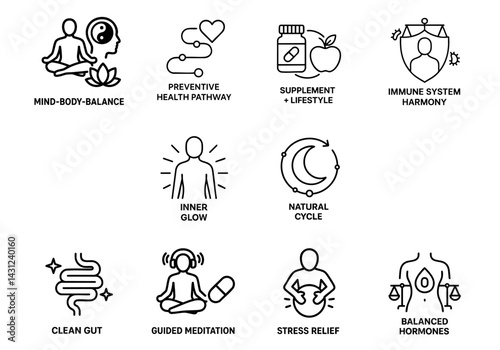 antioxidant extracts supplement aesthetic concept. Mindfulness and wellness icons representing holistic health concepts.