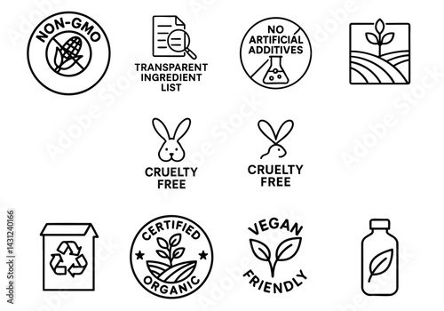 antioxidant extracts supplement aesthetic concept. Icons representing organic and cruelty-free certifications.