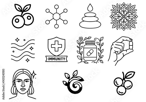 antioxidant extracts supplement aesthetic concept. Illustration of health-related symbols and elements.