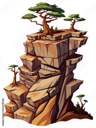 Tree on cliff. Stone cliff land greenery. Lonely tree on big stone mountain cliff. Large solid rock peak landscape. Mountain headland cartoon game asset object, vector isolated on white background.