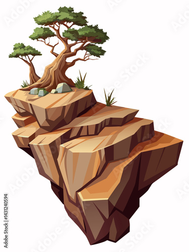 Tree on cliff. Stone cliff land greenery. Lonely tree on big stone mountain cliff. Large solid rock peak landscape. Mountain headland cartoon game asset object, vector isolated on white background.