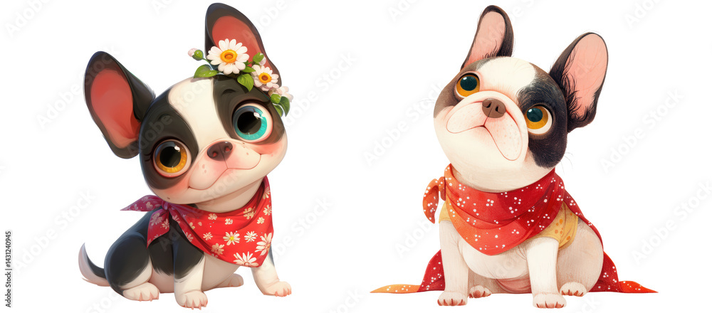 Fototapeta premium Cute Cartoon French Bulldog Illustration with Confused look Wearing Red Bandana on Transparent Background