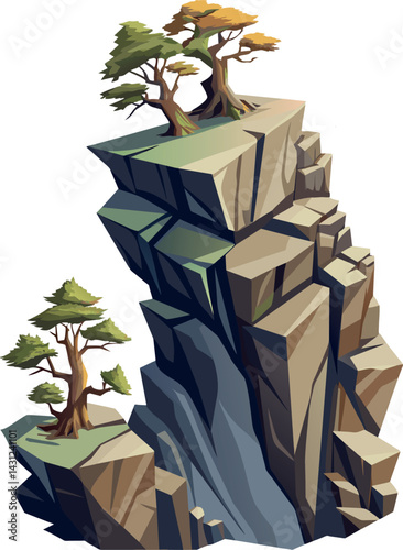 Tree on cliff. Stone cliff land greenery. Lonely tree on big stone mountain cliff. Large solid rock peak landscape. Mountain headland cartoon game asset object, vector isolated on white background.