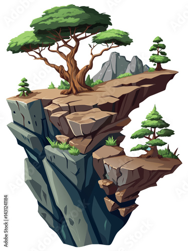 Tree on cliff. Stone cliff land greenery. Lonely tree on big stone mountain cliff. Large solid rock peak landscape. Mountain headland cartoon game asset object, vector isolated on white background.
