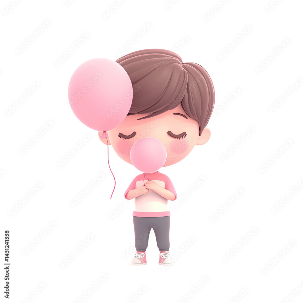 Adorable Boy Blowing Bubble Gum with Pink Balloons: A Delightful 3D Rendered Illustration of Childhood Joy Adorable Boy Blowing Bubble Gum with Pink Balloons: A Delightful 3D Rendered Illustration of Childhood Joy