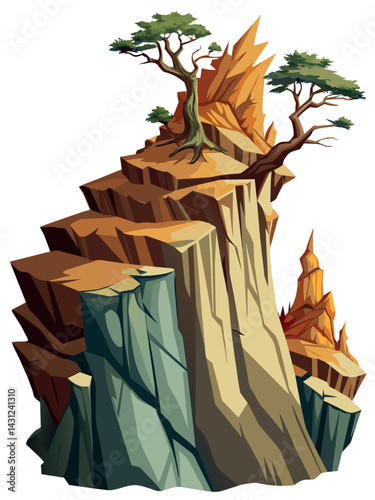 Tree on cliff. Stone cliff land greenery. Lonely tree on big stone mountain cliff. Large solid rock peak landscape. Mountain headland cartoon game asset object, vector isolated on white background.