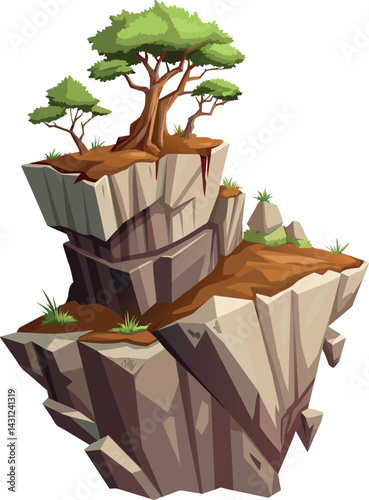 Tree on cliff. Stone cliff land greenery. Lonely tree on big stone mountain cliff. Large solid rock peak landscape. Mountain headland cartoon game asset object, vector isolated on white background.