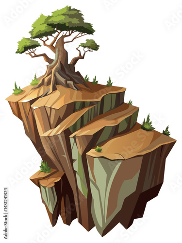 Tree on cliff. Stone cliff land greenery. Lonely tree on big stone mountain cliff. Large solid rock peak landscape. Mountain headland cartoon game asset object, vector isolated on white background.