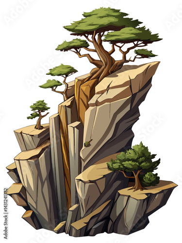 Tree on cliff. Stone cliff land greenery. Lonely tree on big stone mountain cliff. Large solid rock peak landscape. Mountain headland cartoon game asset object, vector isolated on white background.